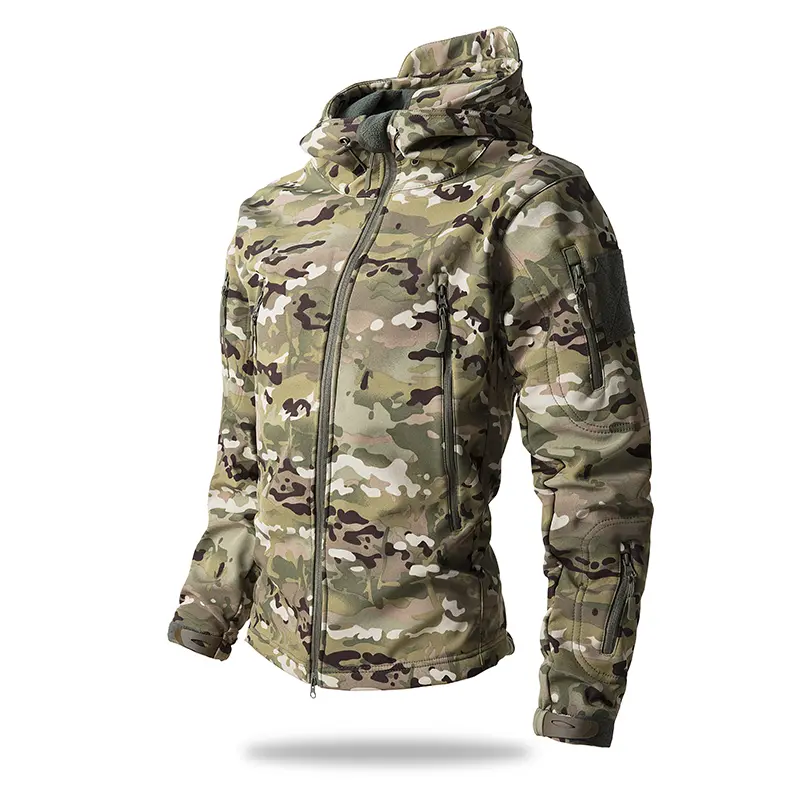 Men’s all-terrain tactical hooded softshell jacket with fleece lining, adjustable cuffs, multiple zippered pockets, windproof and waterproof, suitable for camping and shooting, everyday workwear functional outerwear