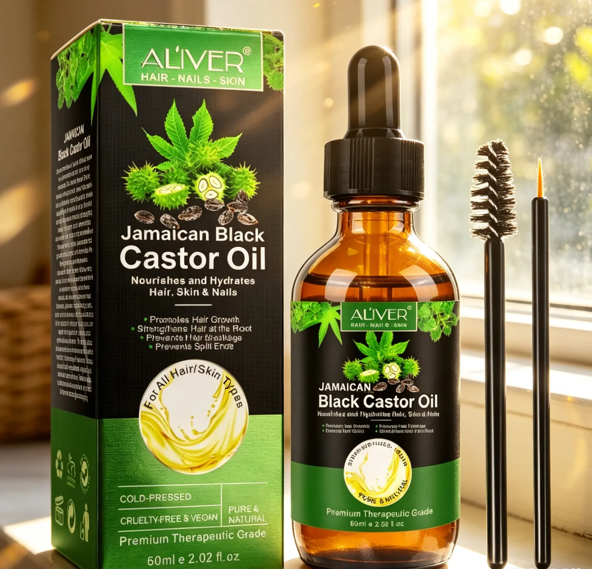 ALIVER Cold Pressed Jamaican Black Castor Oil 60ml, Haircare Serum for Natural Growth, Daily Moisturizing Oil for Sensitive Skin, Cruelty-Free Eyebrow & Eyelash Thickener