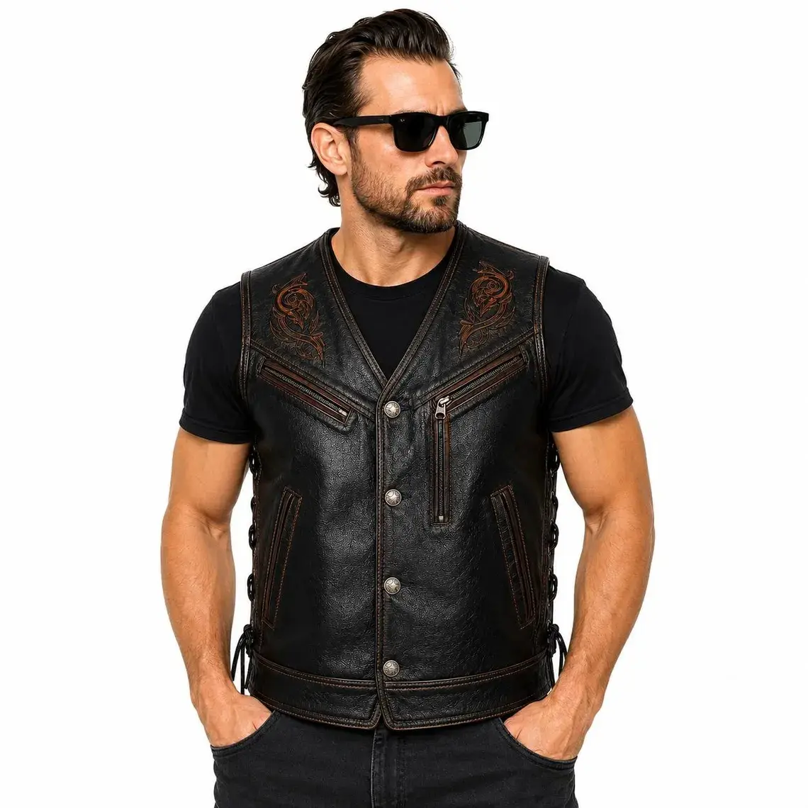 Men's UV Digital Print Genuine Leather Biker Vest | Black Western Motorcycle Lace-Up Leather Vest