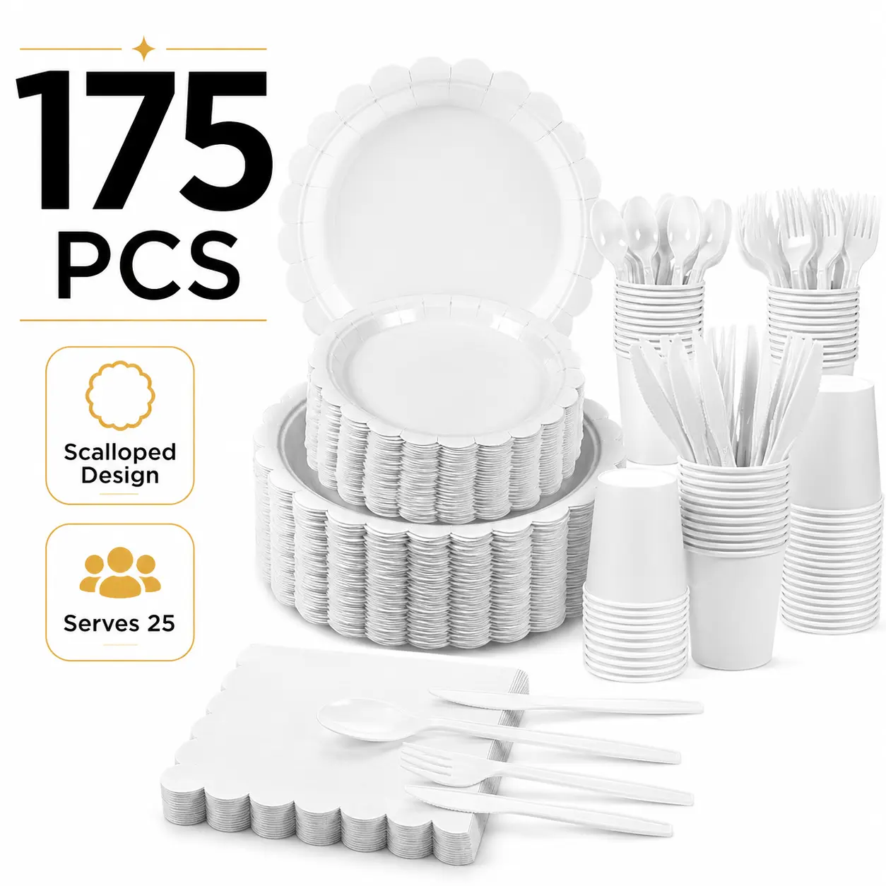 Disposable Tableware Supplies Bulk Pack - 175-Piece White Plastic Set for 25 Guests, Scalloped Edge 7in Paper Plates, 9oz Cups, Napkins, Forks and Spoons Disposable for Weddings, Birthdays