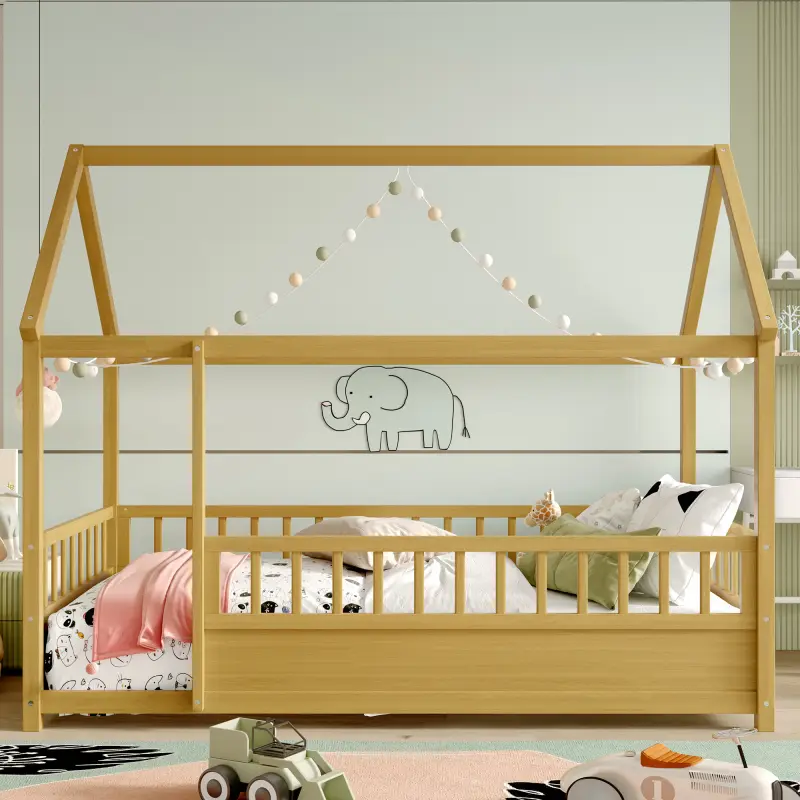 Bellemave Premium Pine Wooden Single Size Floor Storage Bed - House Roof Design, Secure Fence Guardrails, Glam Look, Assembly Required for Mattress,sohochic