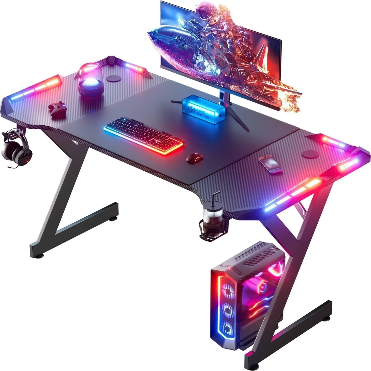 Gaming Desk with LED Lights, Home Office Gamer Desk, Ergonomic Computer Table with Large Carbon Fiber Desktop, Office Workstation, Cup Holder & Headphone Hook summerwins