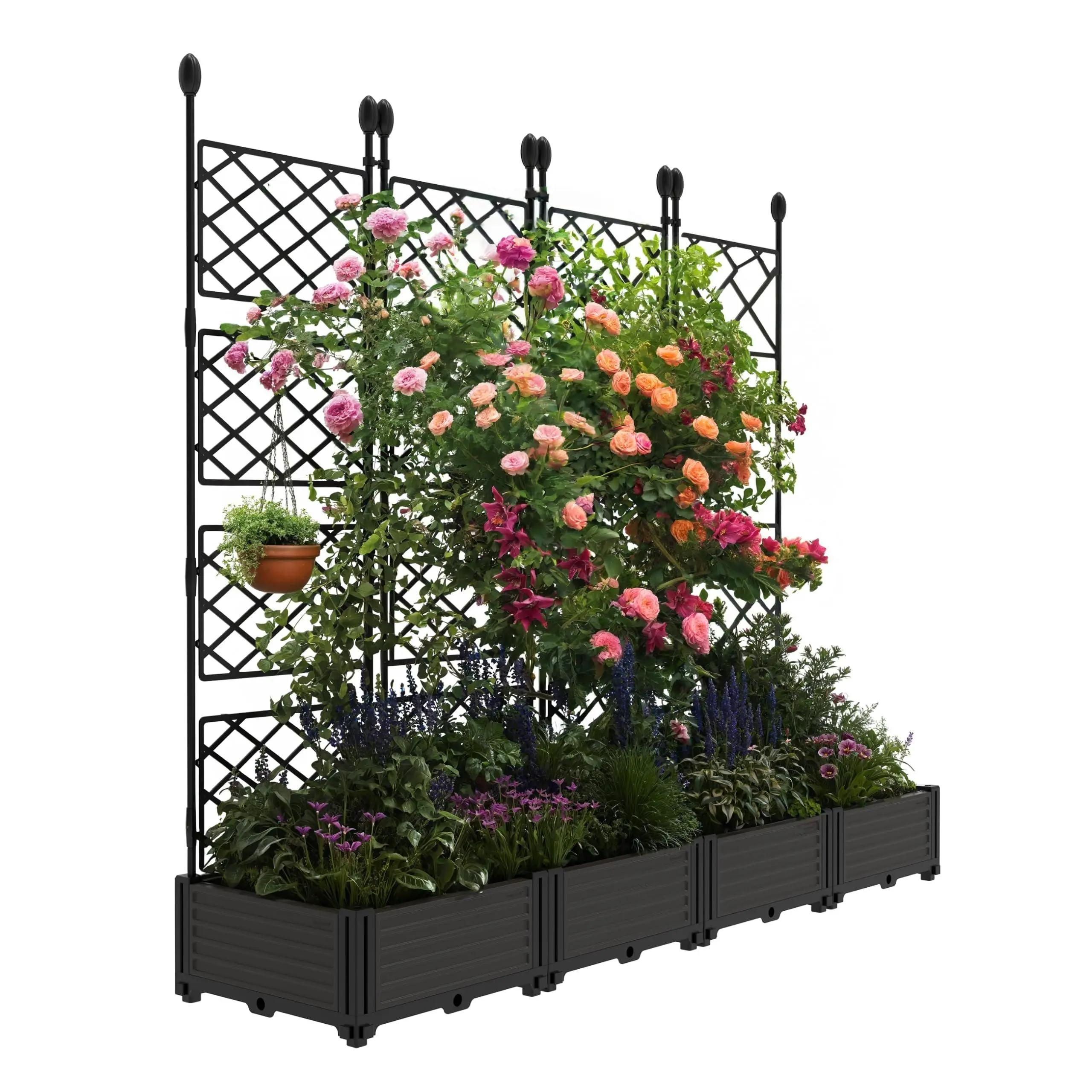 7 PCS Raised Garden Bed with Trellis, 116" W x 63" Tall Plastic Planter Box, Outdoor Vertical Garden for Climbing Plants, Built-in Privacy Screen, Sturdy & Lightweight for Patio, Balcony & Backyard
