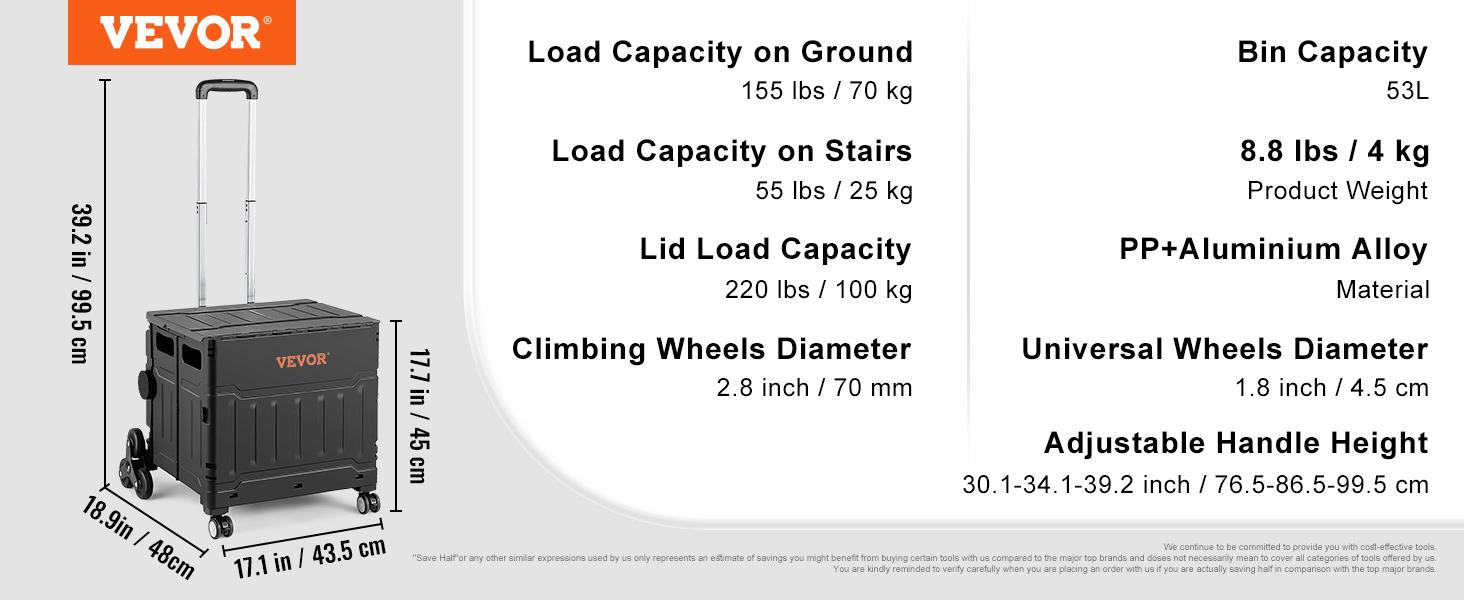 VEVOR Foldable Stair Climbing Foldable Shopping Cart, TikTokShopBlackFriday, 155 lbs Collapsible Teacher Cart, Portable Rolling Crate Handcart with Telescoping Handle & Lid, Foldable Grocery Cart Utility Cart Multipurpose