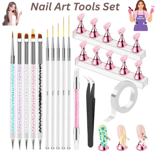 15 pcs Nail Art Tools Set for Gel Nails, Press On Nail Stand Holder, Nail Brushes & Dotting Tools, French Tip Liner Brush Kit, Nail Design Supplies