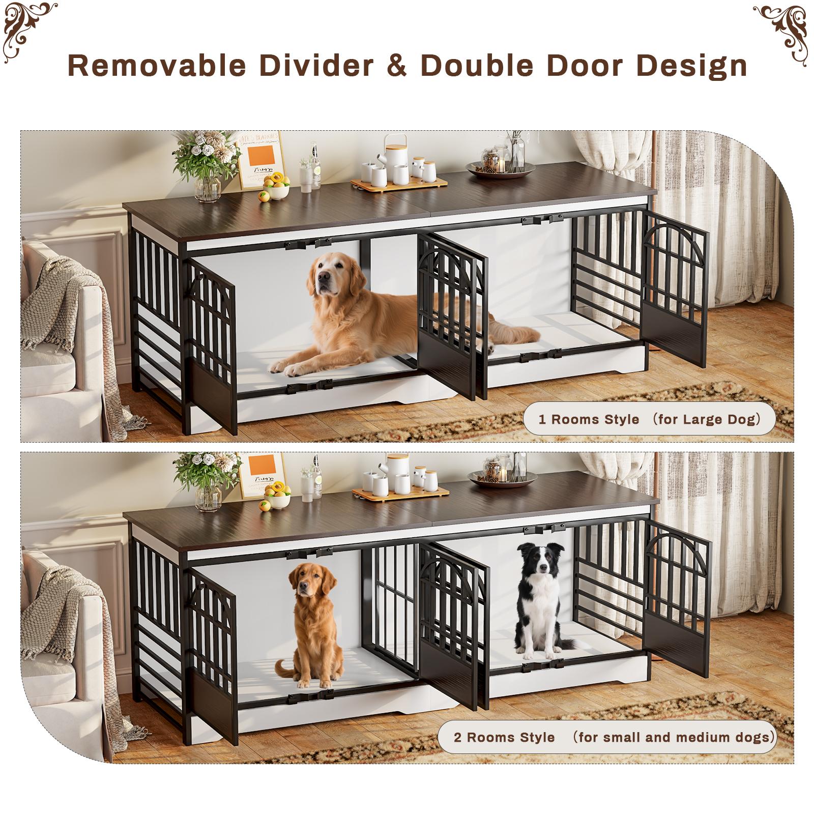 COZPAW 71"/78"/86" White Double Dog Crate Furniture for 2 Dogs, Heavy Duty Wooden Dog Kennel Furniture Indoor TV Stand, Modern Dog Crates for Large Medium Small Dogs with Divider