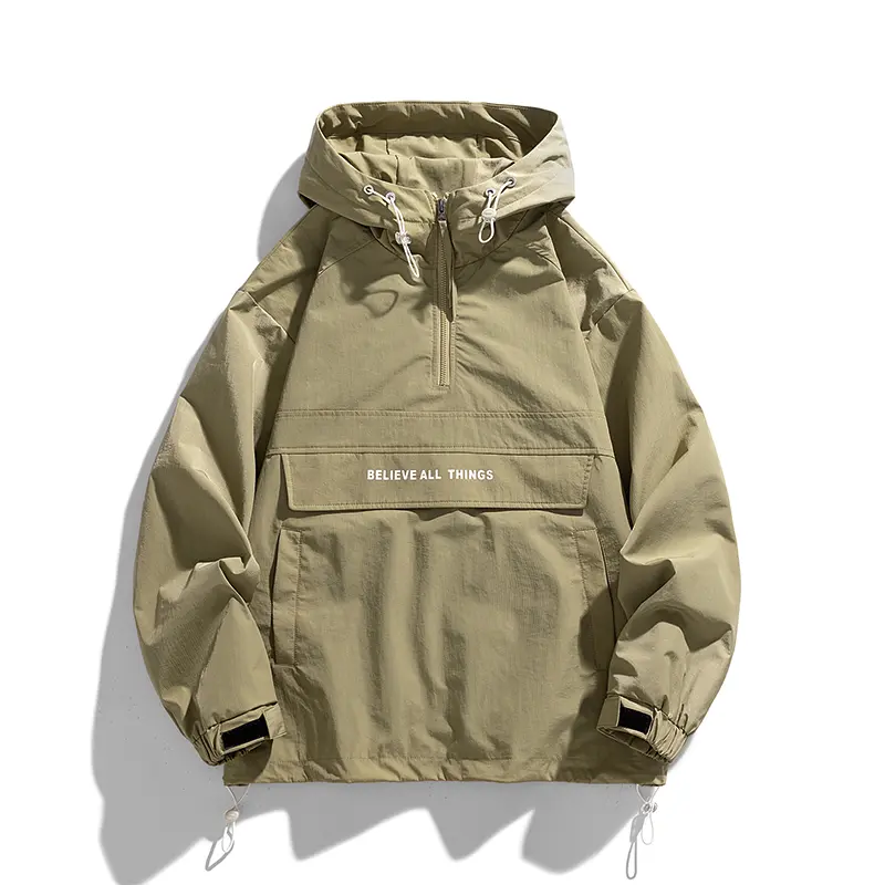 Men's Half Zip Windbreaker Jacket Lightweight Hooded Coat with Drawstring Hem and Side Pockets, Suitable for Teens and Adults, Oversized Streetwear Outdoor Sports Jacket, Olive Green/Other Colors All Season Casual Jacket, Menswear Stylish Big Loose Fashio
