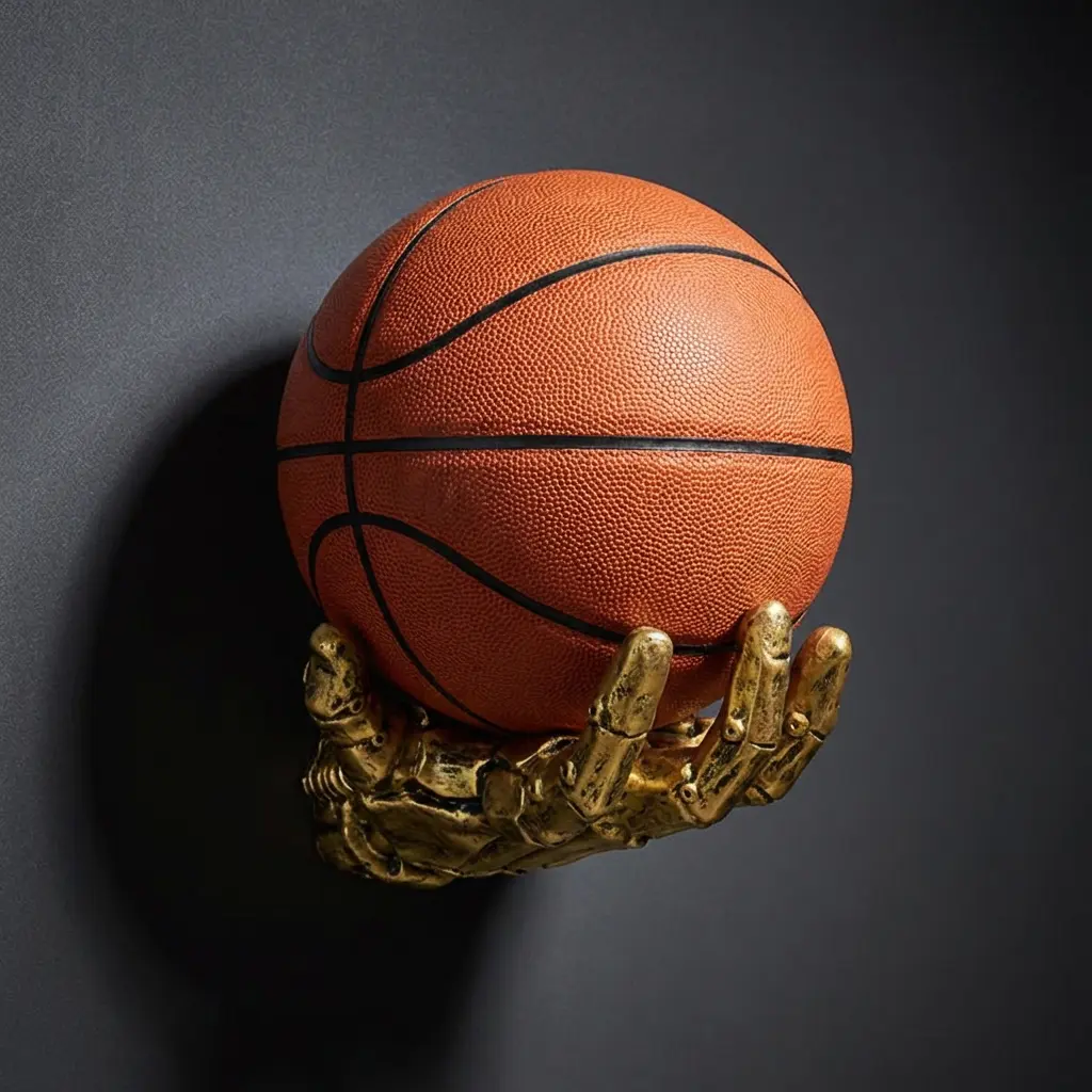 Hand-Shaped Basketball Resin Wall Mount Holder - 1-Layer, 5-10 Kg Capacity Sports Ball Display Rack, Antique Gold & Silver Room Decor Art Piece Statue for Study, Personal Style Home Supplies Hook