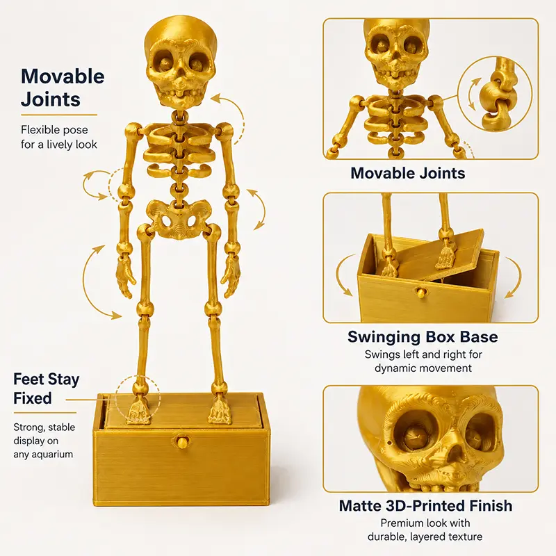 Upgraded Aquarium Skeleton Dancer Ornament - Full Accessory Set, Motion Air Action Bubbler, Flexible Joints, Poseable Limbs, Safe for Freshwater/Saltwater Aquarium Use