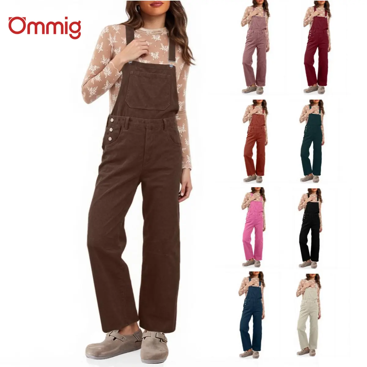 Ommig Women's Minimalist Cotton Corduroy Overalls - Slouchy Solid Color Jumpsuit with Barrel Legs, Adjustable Straps, Buttons, Buckles, Racerback, Chic Cute Holiday Outfit