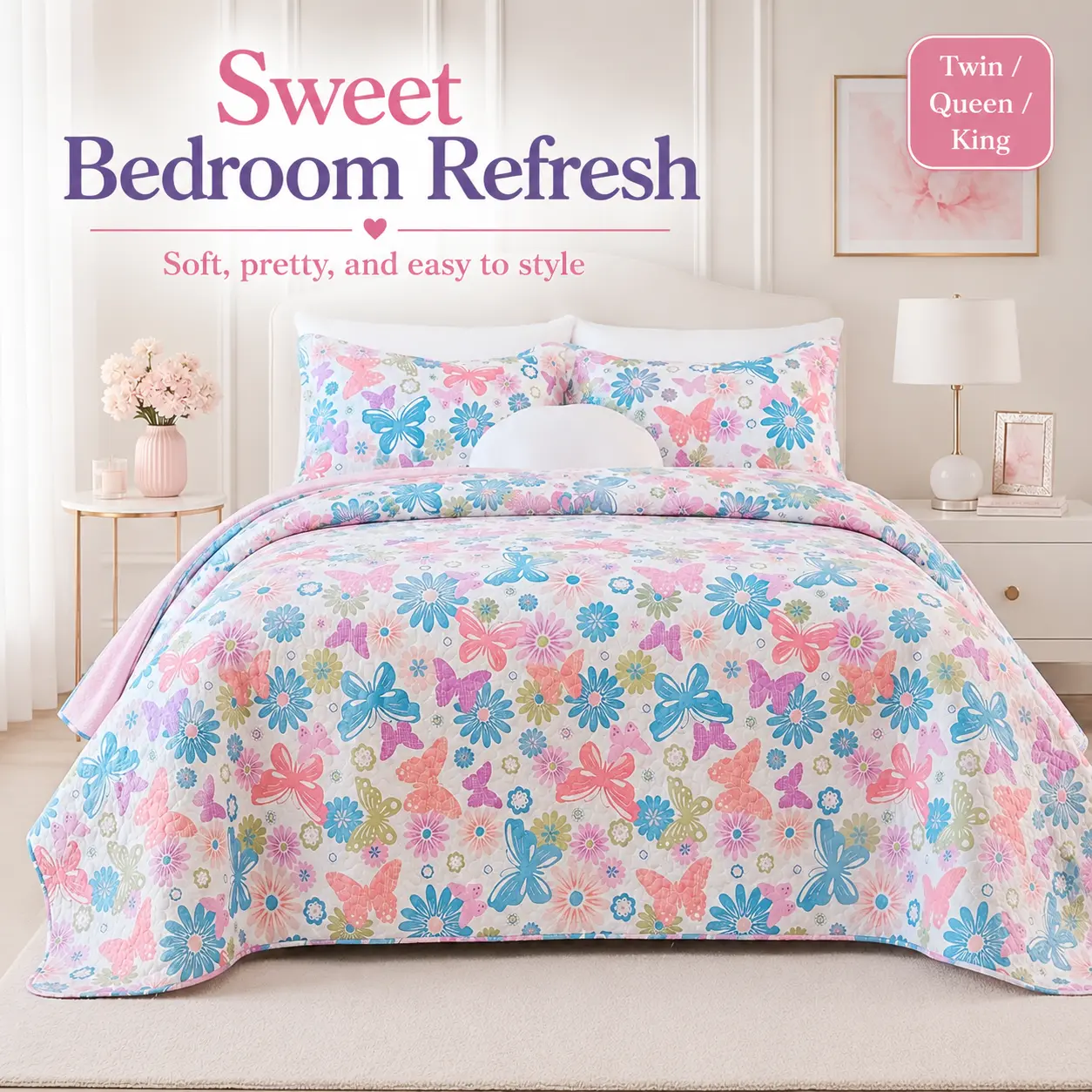 Floral Butterfly Quilt Set 3 Piece Polyester Quilted Coverlet Bedspread with 2 Pillow Shams Twin Queen King