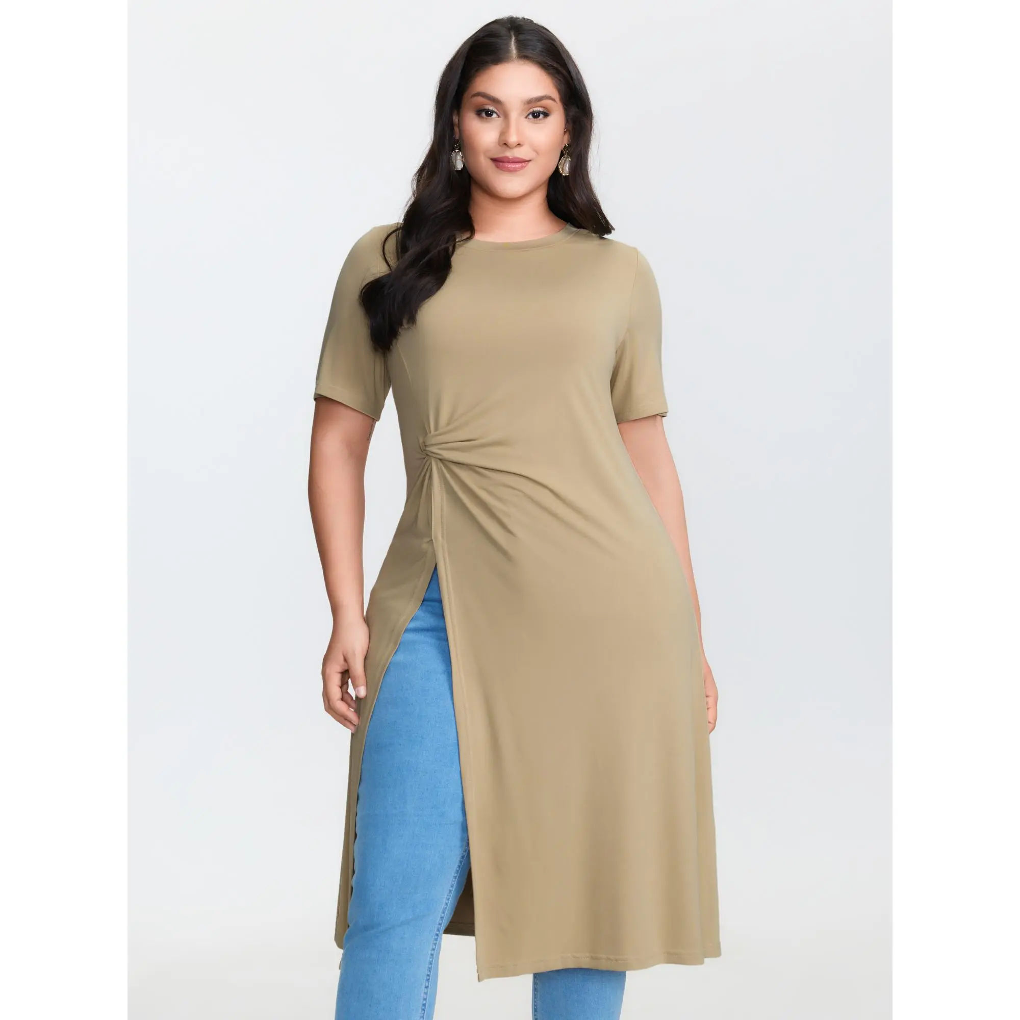 【Summer Turn-Up】BLOOMCHIC Plus Size Supersoft Knotted High-Slit T-Shirt [M-6X] 2026 Summerfinds  Fit Brown Fabric Top