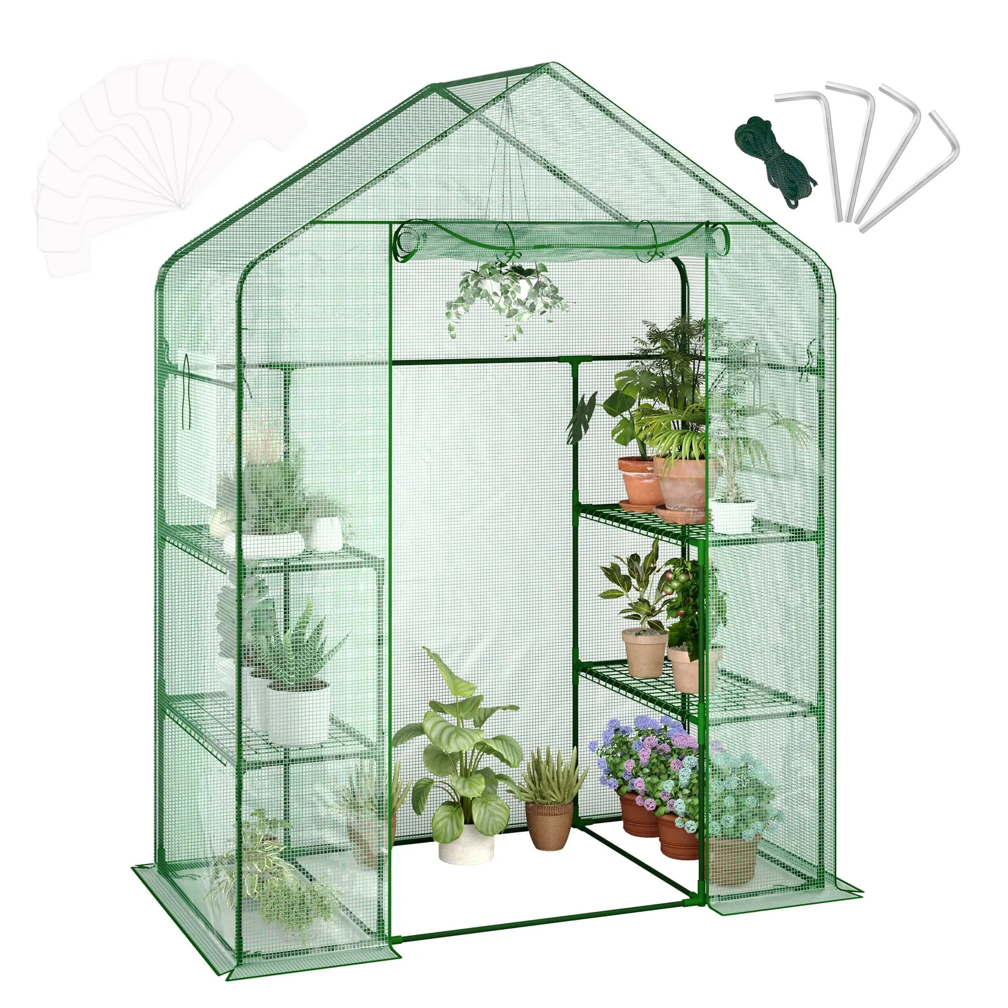 Garvee Greenhouse, 144 x 74 x 190 cm, transparent mini walk-in greenhouse with PE cover and anchor, plant garden, 3 tiers, 4 shelves for indoor and outdoor use