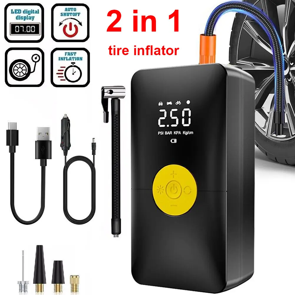 2-in-1 Cordless-Corded Tire Inflator Portable Air Compressor, 4500mAh Rechargeable Battery, 150 PSI, 12V 120W Electric Air Pump, 35L/min Flow Rate, ABS Plastic, USB Cable, High-Pressure Fast Inflation, 4 Adapters for Cars, Balls, Car, Motorcycle