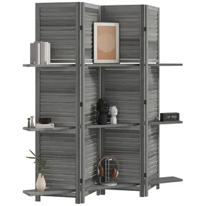 HOMCOM Room Divider, 67" Tall Wood Privacy Screen with 3 Display Shelves, and Folding Storage for Bedroom or Home Office