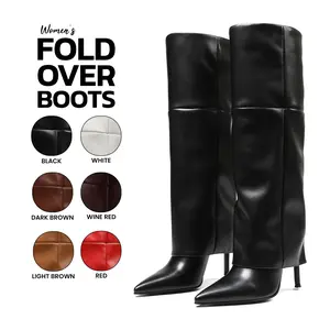 VIMISAOI Fold Over Boots For Women Pointed Toe Stiletto Heel Knee High Boots Wide Calf Long Boots Tall Boots For Womens