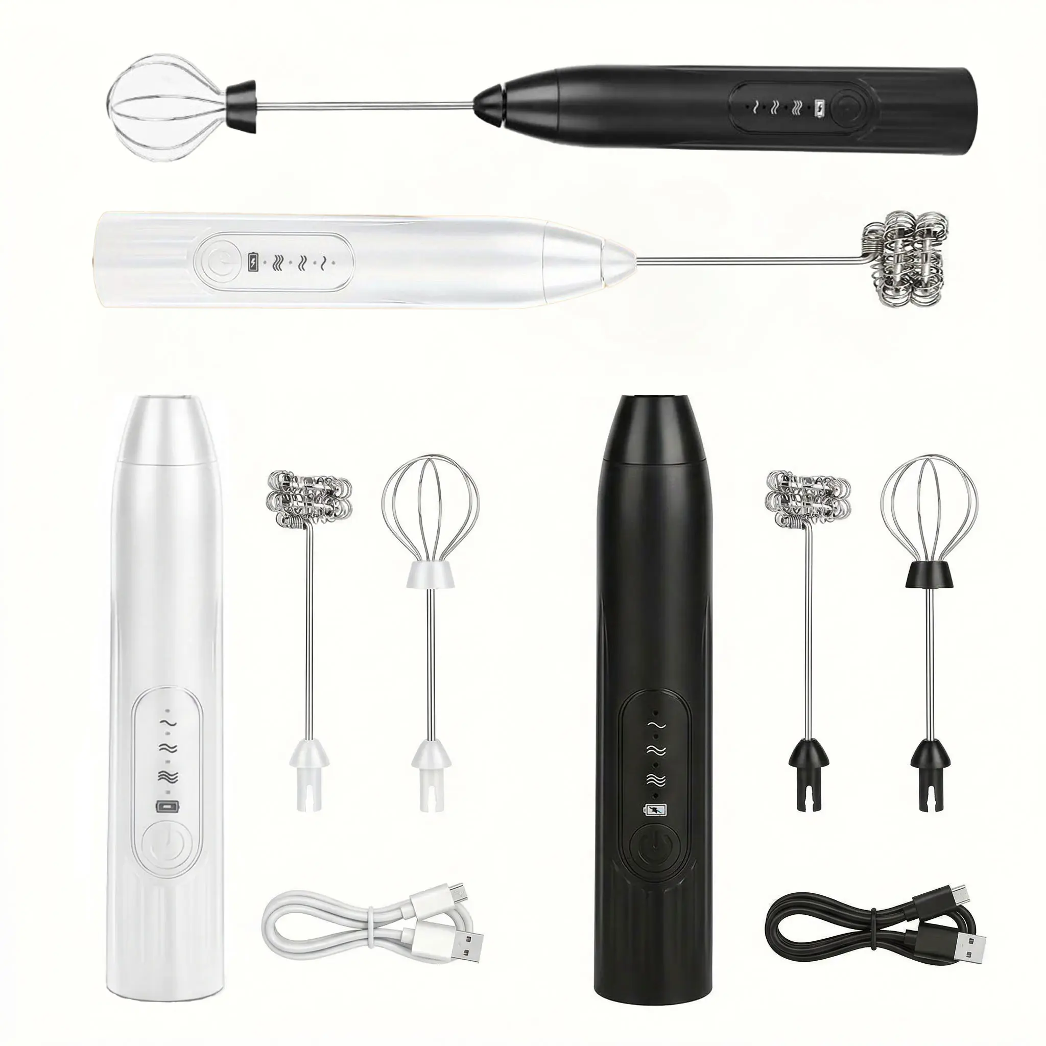 Rechargeable Handheld Electric Milk Frother (Black/White) - Detachable Design, 2 Stainless Steel Egg Beaters, Easy Cleaning, Versatile Use for Lattes, Cappuccinos, Matcha, Yes