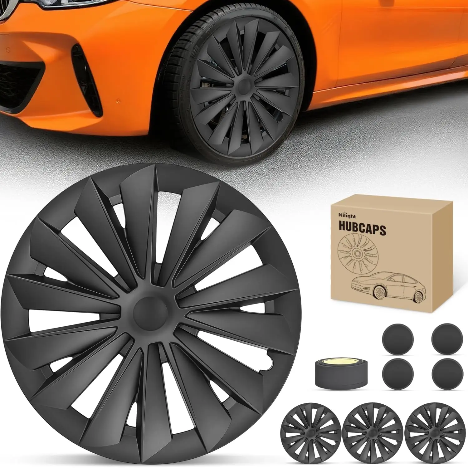 Nilight 19-Inch Matt Black Multi-Spoke Wheel Disc Cover Hubcaps Set of 4, Rim Protector Replacement for Tesla Model Y 2021-2024, Automotive Exterior Accessories for Car, Father's Day Gift