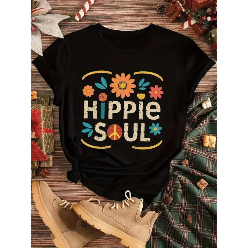 Hippie Soul Graphic Top for Women - Bohemian Floral Print Short Sleeve Tee, Lightweight Fabric with a Casual Round Neck and 70s Vibe