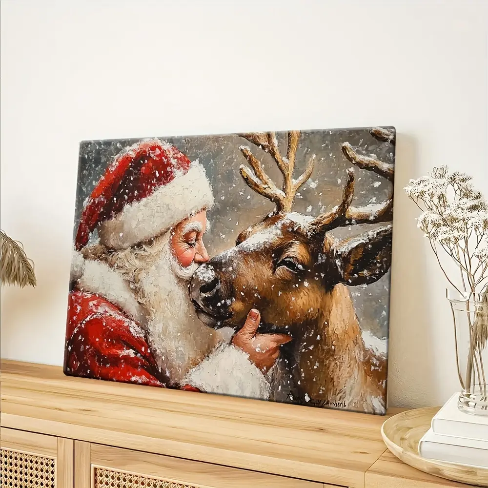 Santa Claus Kissing Reindeer Christmas Canvas Wall Art Print with Wooden Frame, Bright High-Definition Hanging Home Decor Gift for Living Room, Bedroom