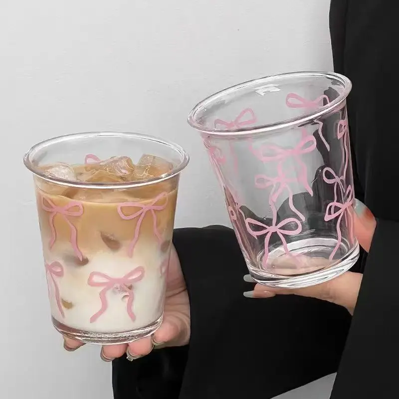 Pink Bow Flared Design Glass Cup - Kawaii Style Kitchen Drinkware, Unique Dessert Serving Glass for Home Iced Coffee Tumbler Use, Bow Glass Cupbff gifts