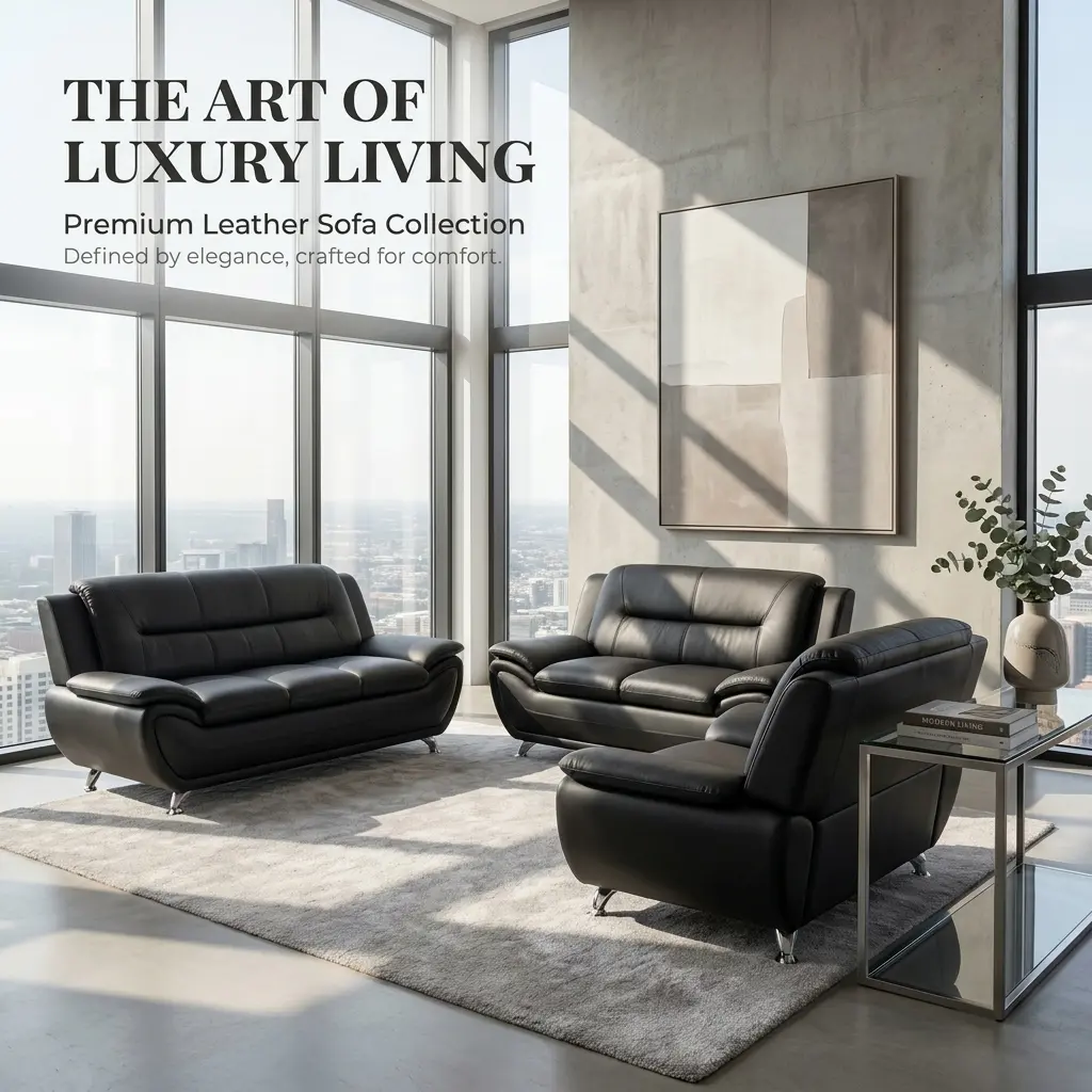 3-Piece Black PU Leather Sofa Set, Indoor Living Room Furniture Couch