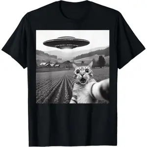 Alien UFO Cat Selfie Graphic Novelty T-Shirt For Men Women And Kids..