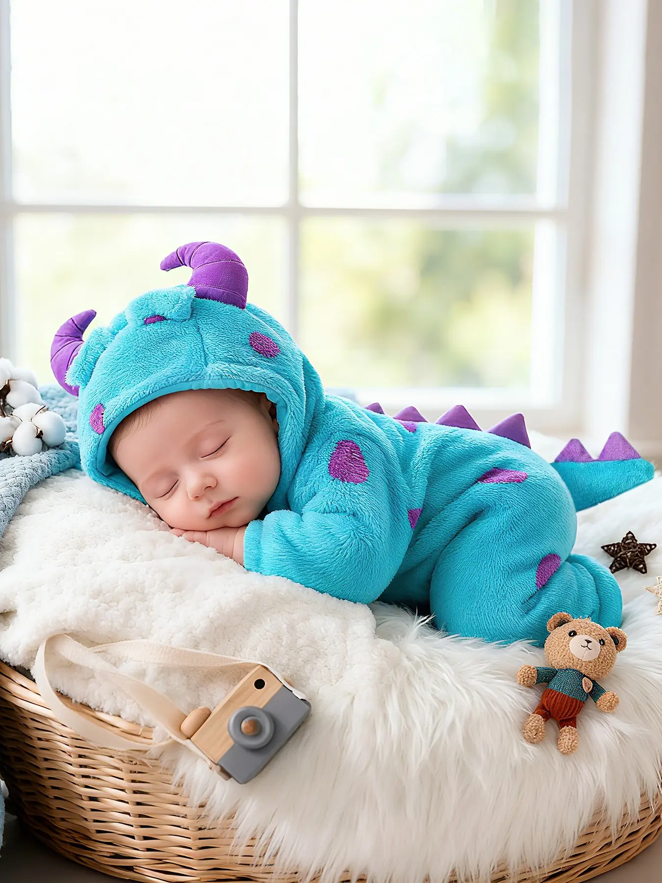 Baby Animal Fleece Onesie Romper Costume with Cartoon Cute Monster Horn Hat, Warm Thick Winter Jumpsuit for Boys and Girls Baby Clothing