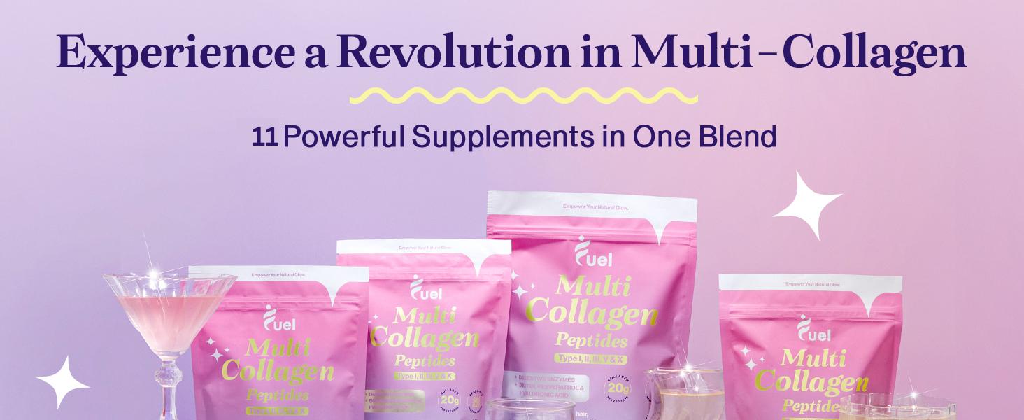 Fuel Multi Collagen Peptides Hydrolized ALL IN ONE Beauty Powder 10 Ingredients for Glowing Skin Healthy Hair & Nail Care GMO-Free Dietary Supplement Mixed Berry Flavor 11g Protein Digestive Enzymes Biotin Resveratrol Hyaluronic Acid