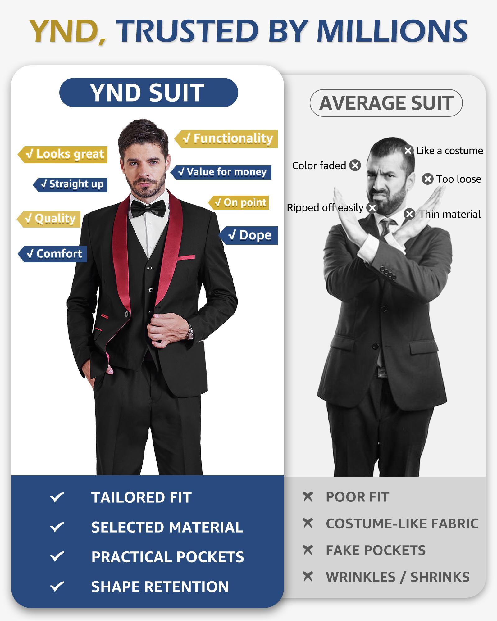 YND Men's 3-Piece Slim Fit Tuxedo Set, One-Button Shawl Collar Solid Jacket Vest Pants with Bow Tie，suitable for formal occasions, business events. party & casual events, wedding tuxedos, party performances, and men's three-piece party suits