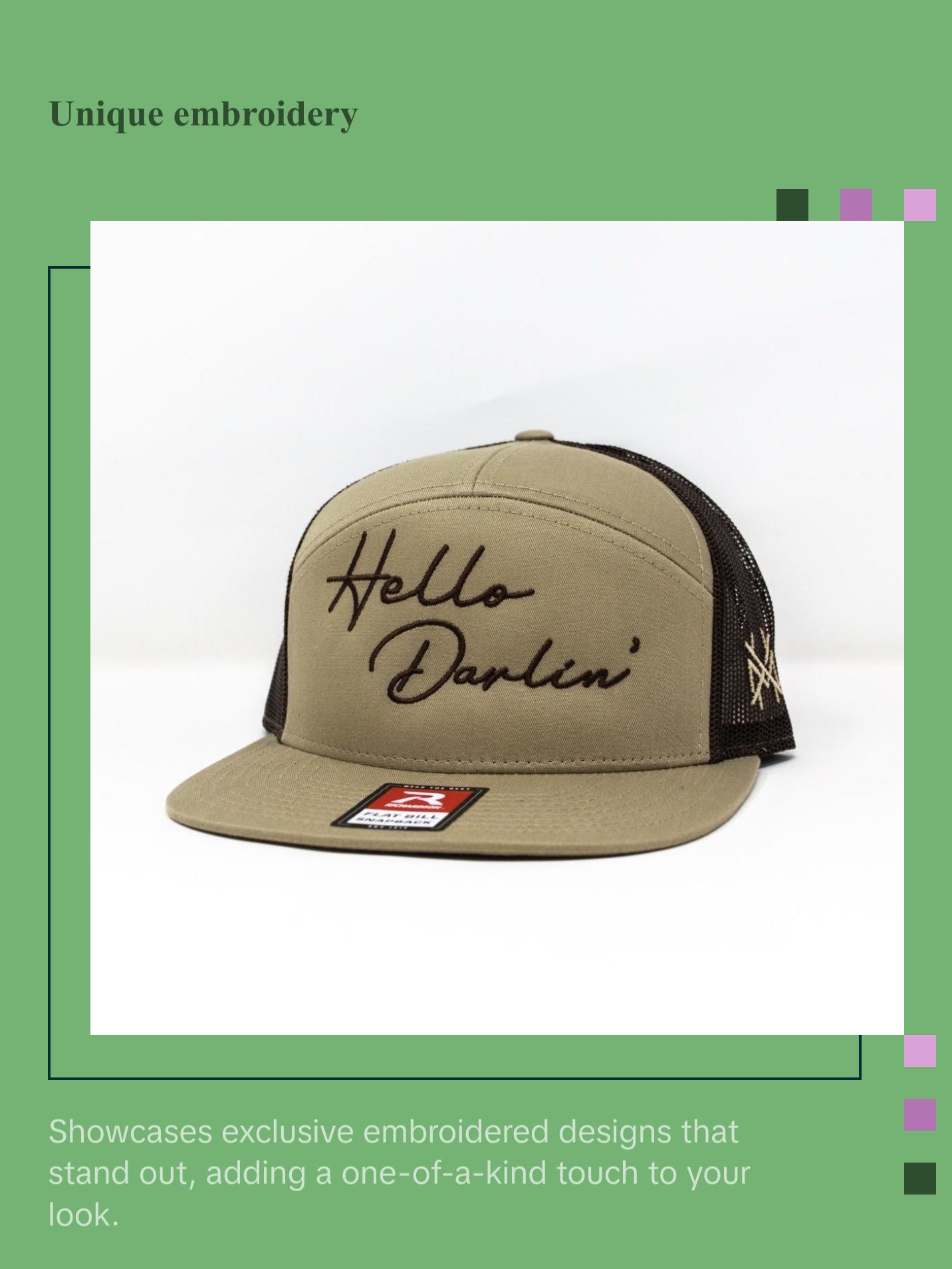 Hello Darlin' MadHatter's Embroidered Snapback Adjustable (Fits Up To A Size 8 Head) Premium Trucker Hat