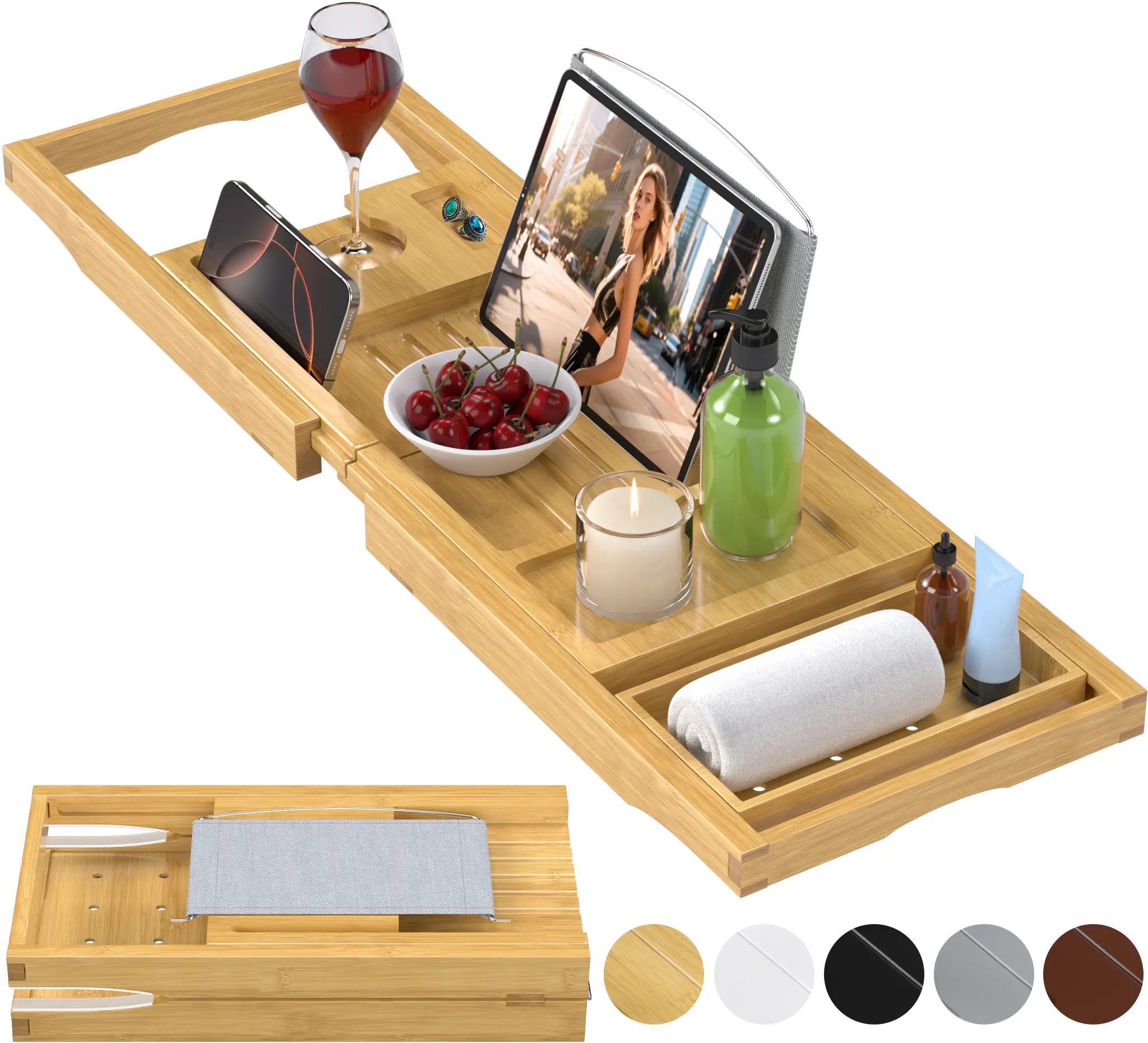 Foldable Bathtub Caddy Tray for Tub,Bamboo Expandable Bath Table Trays,Premium Bathroom Accessories for New Home & Mothers Day & Birthday Gifts for Couples,Natural
