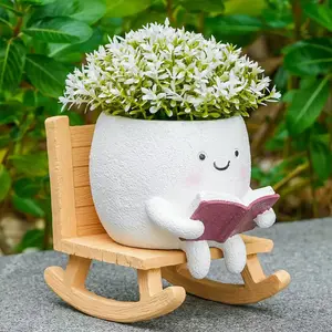 Smiley Face Garden Planter Pot, Decorative Cartoon Resin, Cartoon Girl Design Succulent Pot, Cute Rocking Chair Flower with Drain Hole Summer Garden Supplies for Home Yard Decor, Garden Accessories