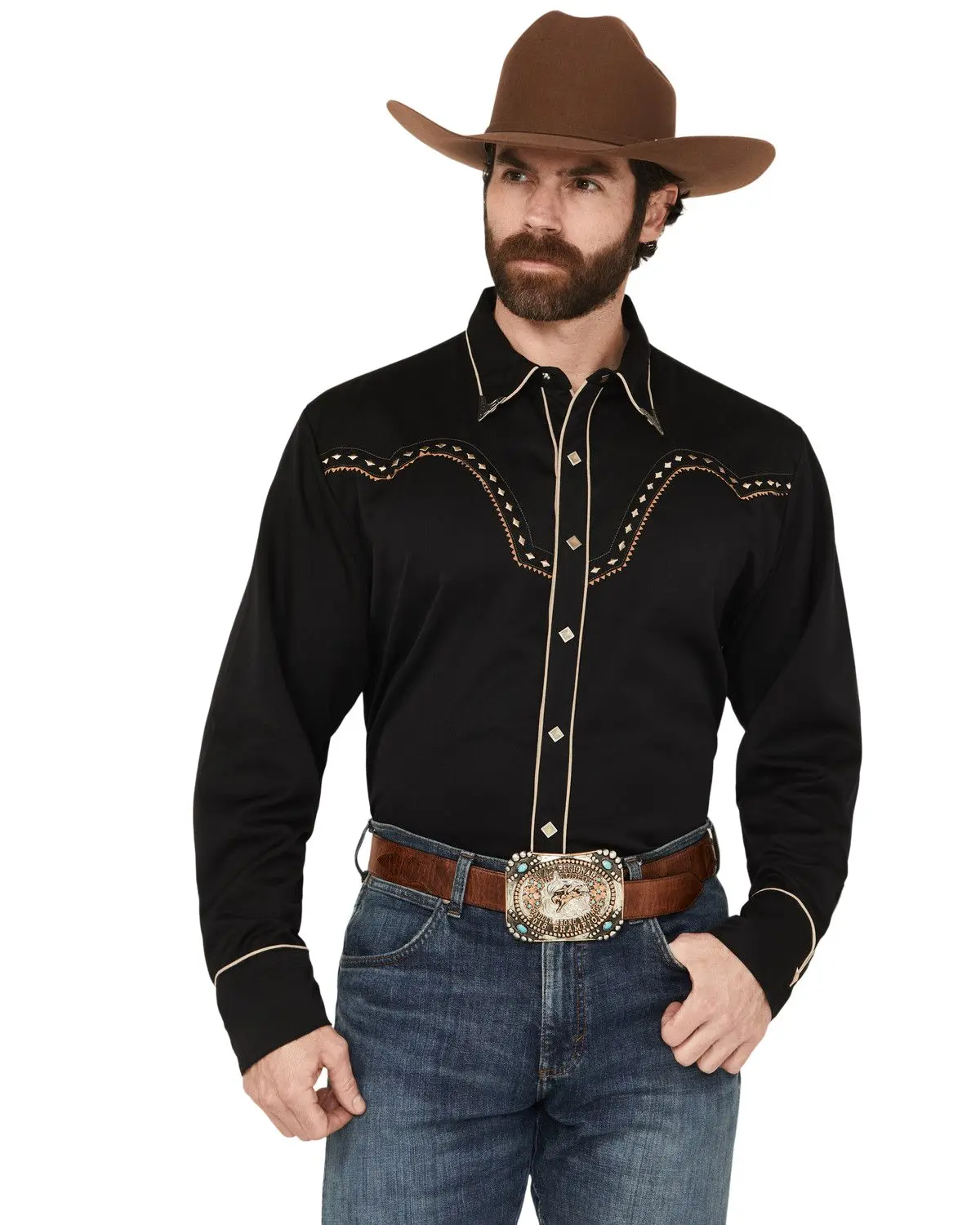 Scully Men's Men'S Diamond Embroidered Long Sleeve Western Shirt - P-898-Blk