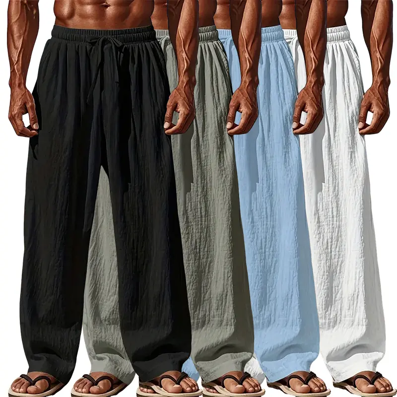 Men’s summer linen wide-leg pants, elastic drawstring waist, loose fit, casual long pants, lightweight and wrinkle-resistant, beach vacation wide-leg pants, with pockets