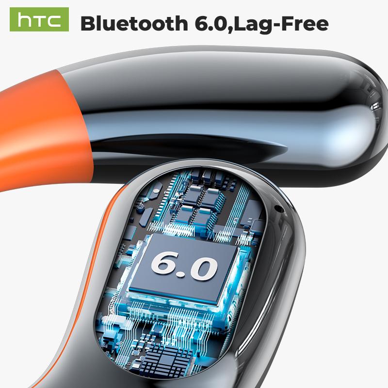 HTC Open-Ear True Wireless Bluetooth Headphones with Microphone LED Smart Controls Earbuds with Earhooks Sweat Resistant Wireless Earphones 48HRS Playtime Headsets Compatible with all Phone Glow Light Strip for Safer Night Running