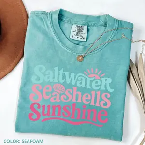 Comfort Colors Saltwater Seashells & Sunshine T-Shirt, Coastal Summer Beach Tee, Vacation Outfit, Ocean,  Summer Vacation Apparel