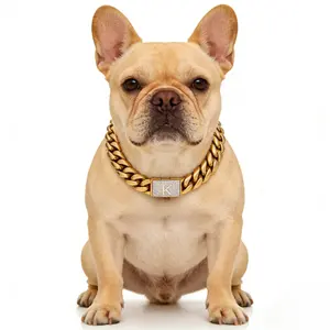 【G1】18K Gold Cuban Link Dog Collar with A–Z Zircon Letter, 14MM Heavy Duty Chew-Proof Stainless Steel Chain Collar for Small Medium Large Dogs Personalized dog accessories dog collars outdoorfun