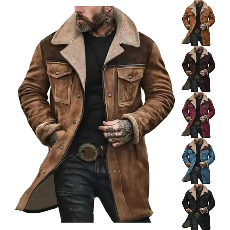 Mens Western Cowboy Jacket Vintage Suede Jacket Long  Coats Zip Up Plush Collar Cowboy Peacoat Retro Tops Casual Menswear Fathersdaygift Soft Fleece Hoodie jacket western clothing jackets letterman  jacket western clothing windbreakers Leather