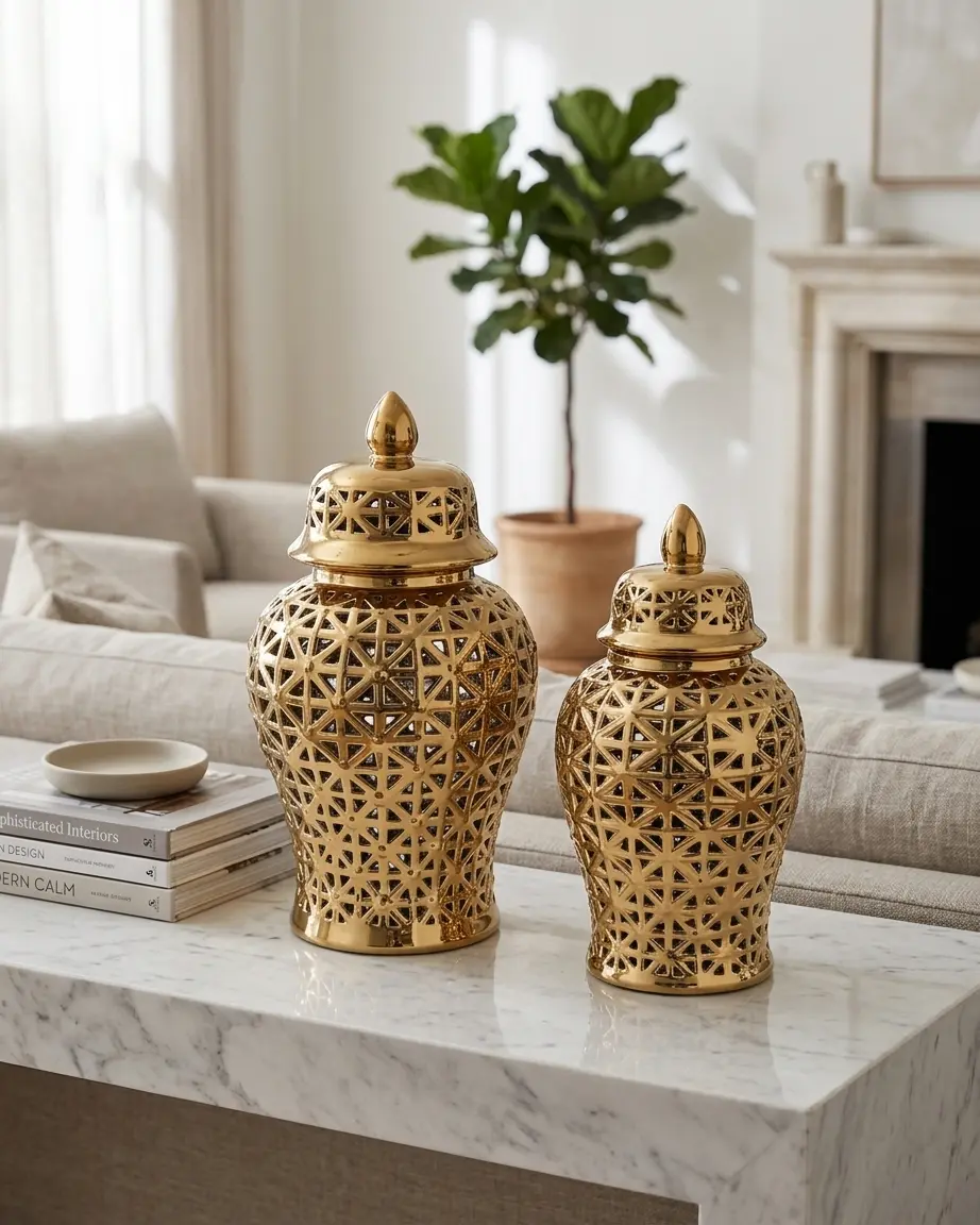 Aria Gold Handmade Ceramic Cutout Ginger Jar with Lid