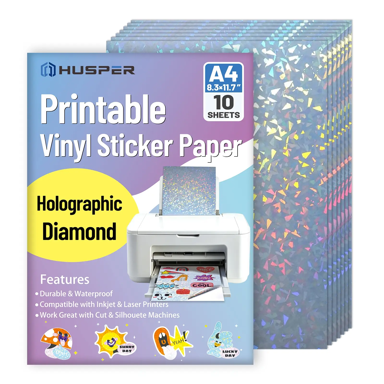 10 Sheets Diamond-Holographic Vinyl Sticker Papers, A4 Size, Waterproof & Self-Adhesive, Inkjet & Laser Printable, Broken Glass Pattern, Vinyl Stickers Pack for Crafts, Durable Adhesive Stickers