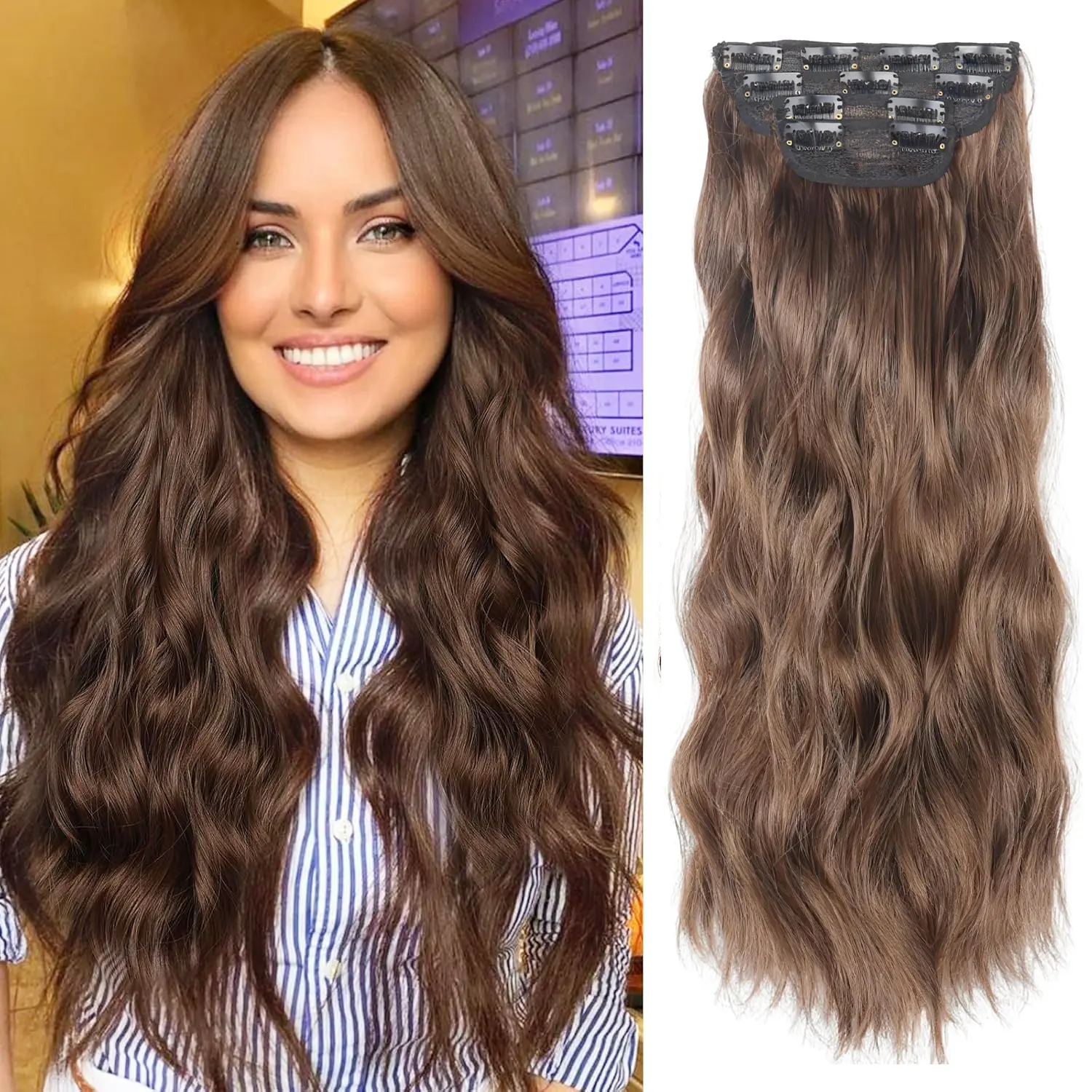 VOSILK Clip-in Hair Extensions, 20 Inch Wavy 4-Piece Set, Heat-Resistant Synthetic Fiber, Thick Double Wefts in Chestnut Brown Mix, Wavy Hairpieces, Synthetic Fiber Hair, Extensions Hair