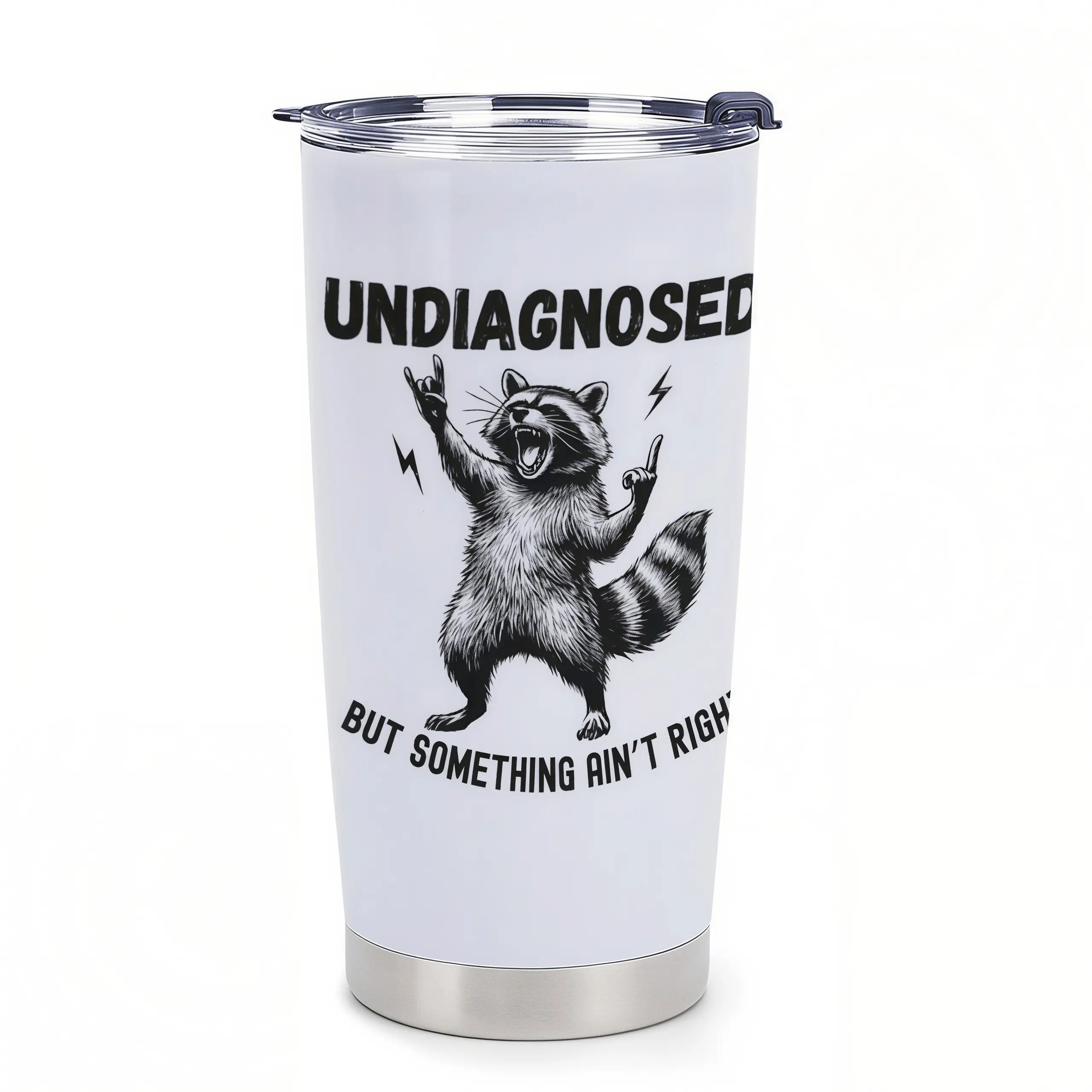 20oz Stainless Steel Vacuum Thermal Flask - Funny Feral Raccoon Sarcastic Meme Coffee Tumbler with Lid, Portable Insulated Travel Mug, "Undiagnosed But Something Ain't Right" Gift for Coworkers