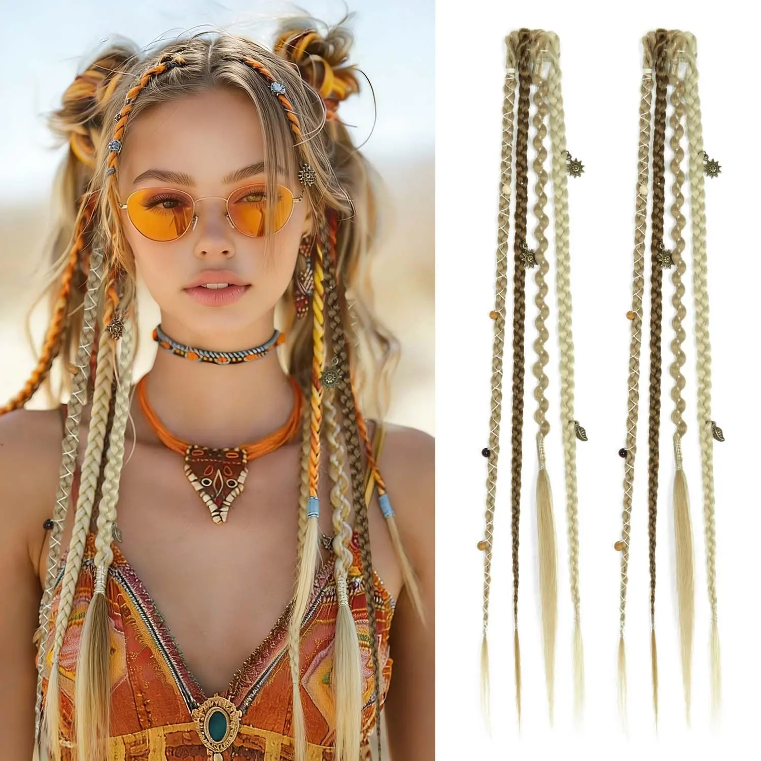 Women's Boho Clip-in Braided Dread Extensions with Beads Charms - Synthetic 16/20 in Hairpieces, Soft on Skin, Synthetic Hair Texture, Daily Use, Festival Wear, Burgundy & White
