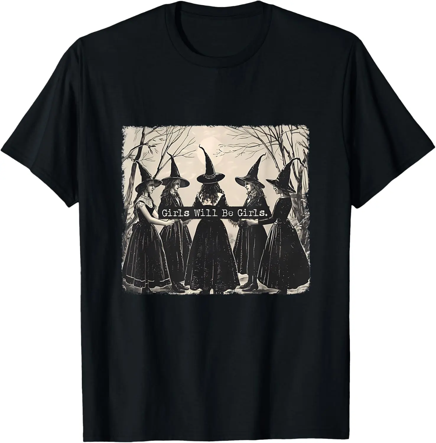 Women's Witch Graphic Short-Sleeve Top - "Girls Will Be Girls" Black Everyday Piece, Halloween Style, Comfy Casual T-Shirt, Shortsleeve, Tops