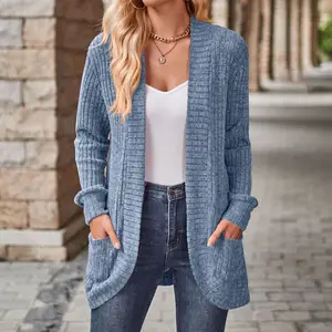 Elegant Women's Ribbed Knit Cardigan Open Front Long Sleeve Sweater with Pockets Springfresh