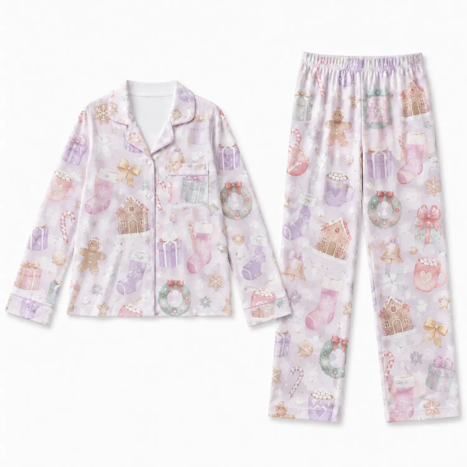 Pastel Winter Pajama Set, Long Sleeve Button Shirt and Elastic Waist Pants, Cozy Holiday Print Sleepwear for Women