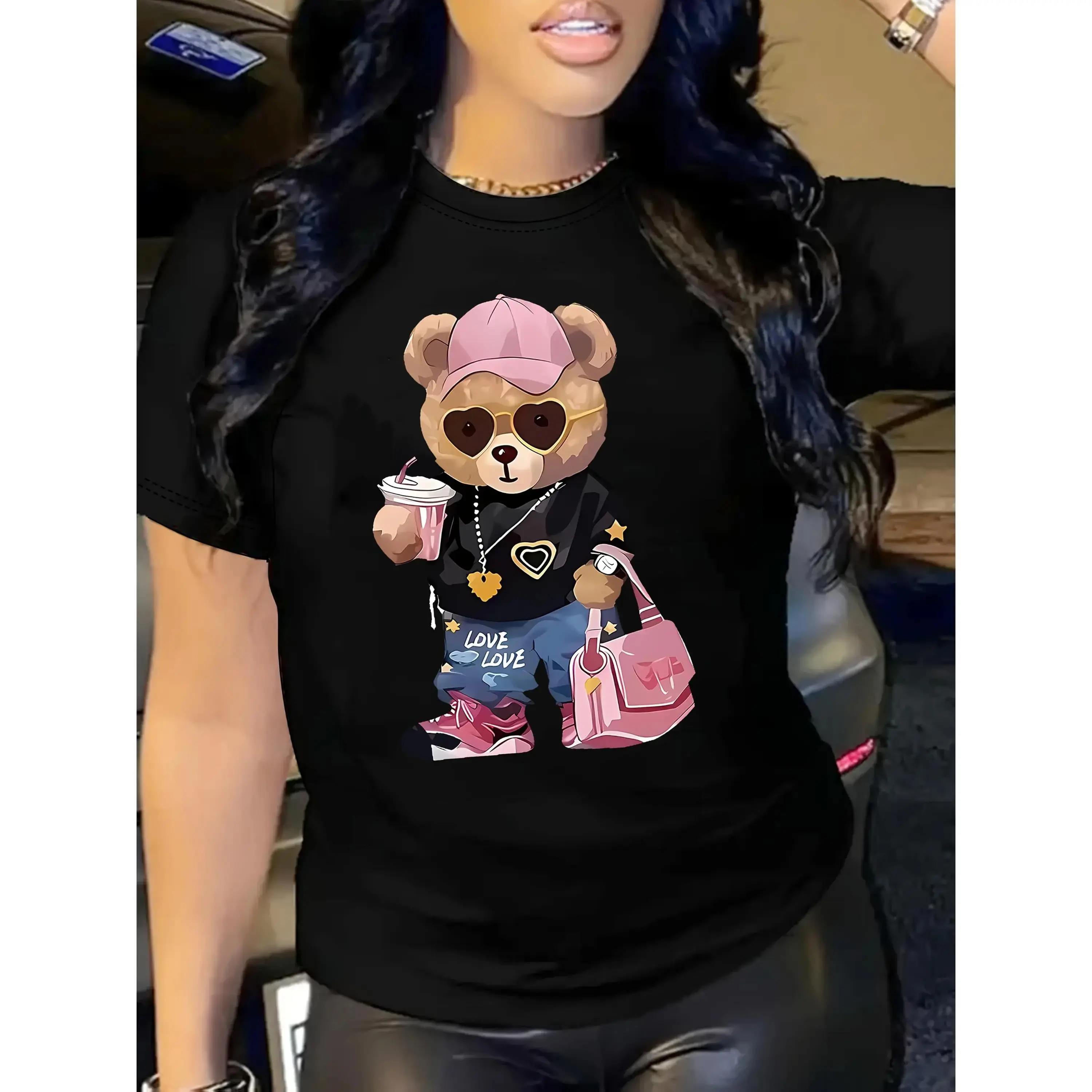 Unisex Sports Top - Women's Casual Cartoon Bear Graphic Short-Sleeve T-Shirt-1, Black Round Neck, All-Season Playful Design, Stylish Accessories Print, Relaxed Fit, Golf Gift Tee