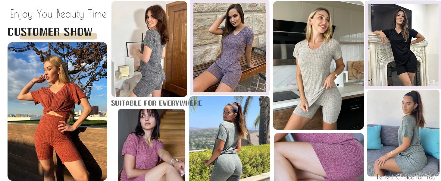 Ekouaer Biker Short Sets Women 2 Piece Outfits Ribbed Pajama Short Sleeve Workout Set