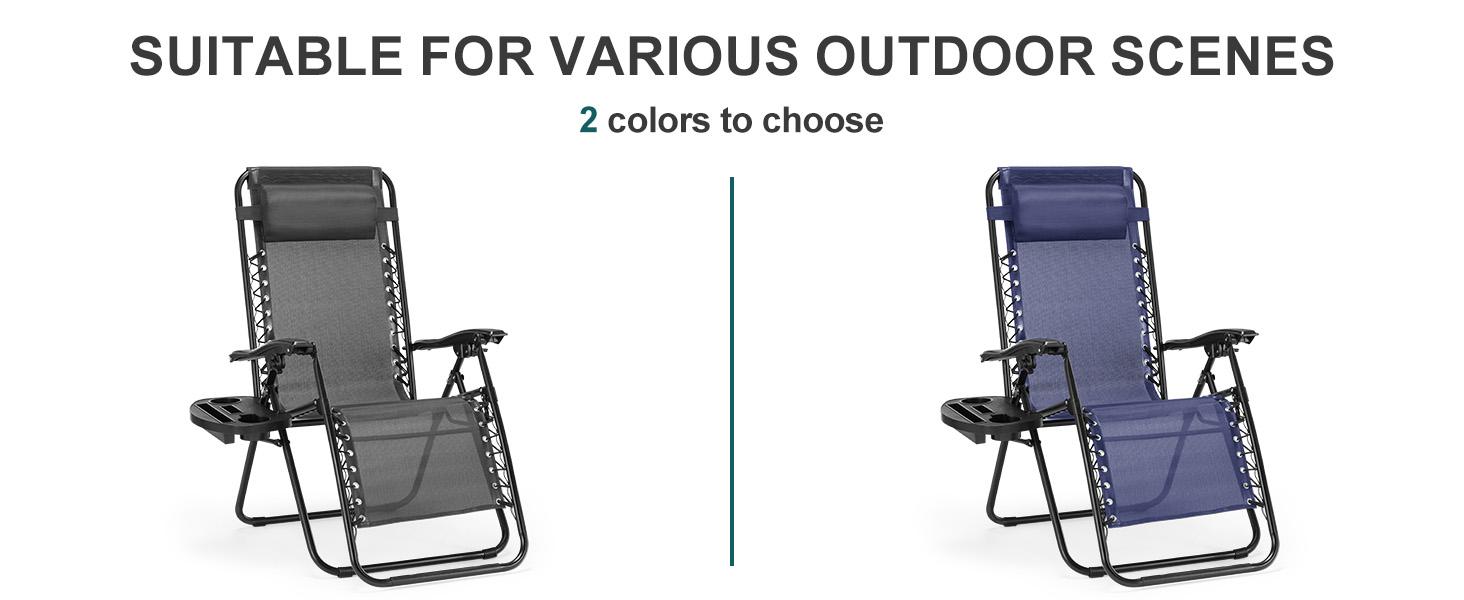 Zero Gravity Set of 2 Folding Lounge Chairs with Cup Holder Trays, Adjustable Pillow, Camping and Poolside Accessory, Outdoor Design